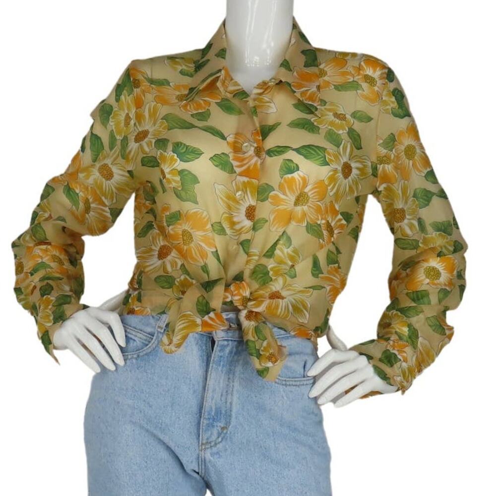 70s Vintage Vivid Orange Floral Flower Print Sheer Boho Festival Blouse Shirt
